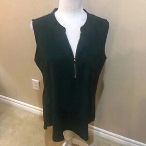 Timeson Dark Green Sleeveless Blouse with Gold Zipper Front Round Hem-L
